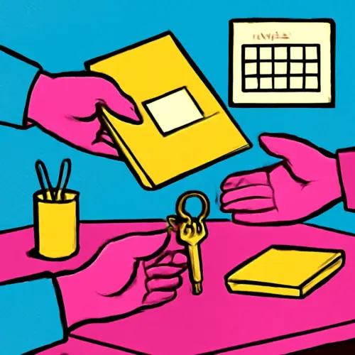 Illustration of one volunteer handing an organized folder and keys to another across a community table.