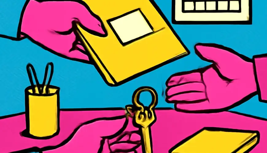Illustration of one volunteer handing an organized folder and keys to another across a community table.