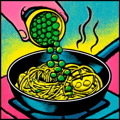 Frozen peas being added to a skillet of pasta with lemon and herbs.