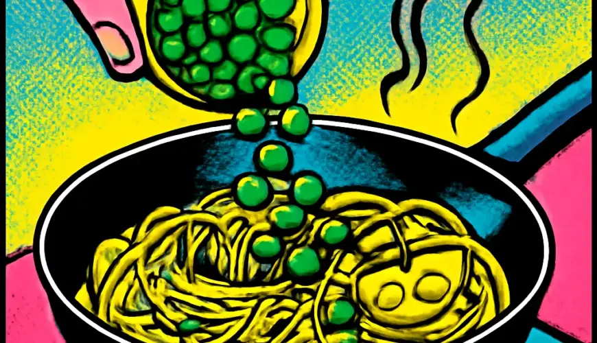 Frozen peas being added to a skillet of pasta with lemon and herbs.