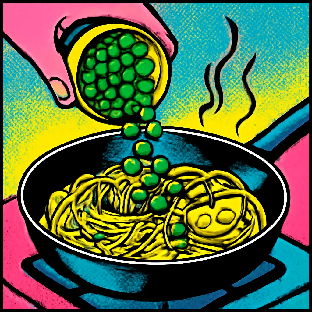 Frozen peas being added to a skillet of pasta with lemon and herbs.