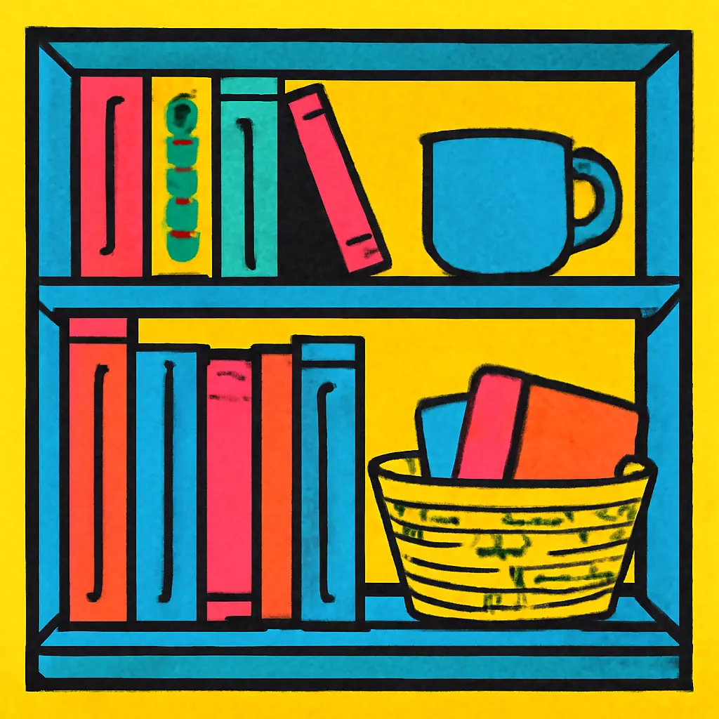 A small bookcase arranged into practical reading, cooking, and current-book zones with a basket for books in progress.