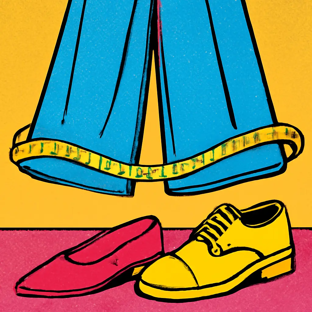 Illustration of wide-leg pants being measured for a hem above shoes.