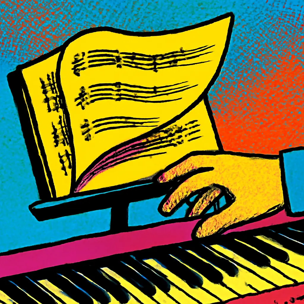 A hand turns a page of sheet music while returning toward piano keys.