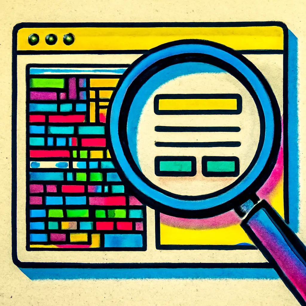 A magnifying glass enlarges a crowded browser page into a more readable layout.