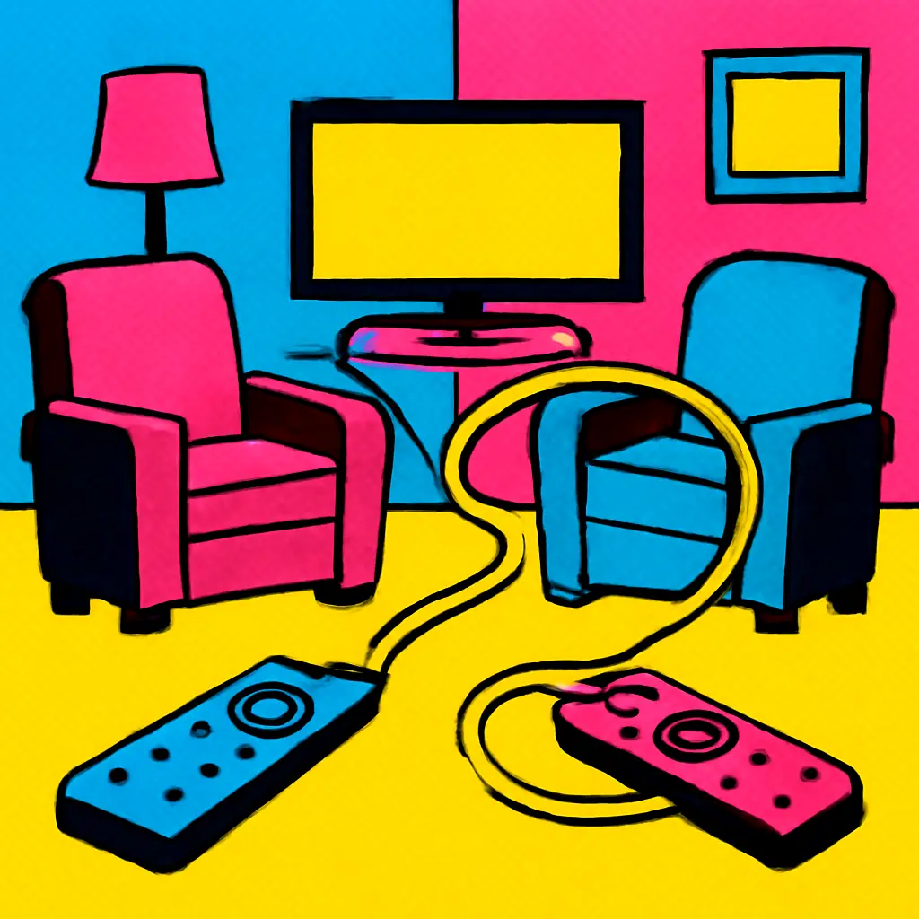 Two remote controls linked by a ribbon in a cozy living room, symbolizing shared TV viewing schedules.