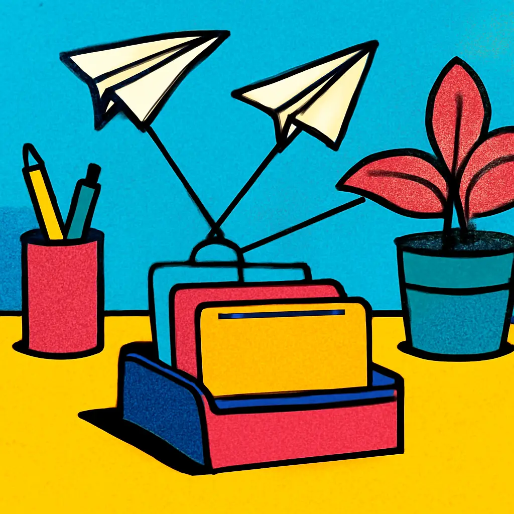 An organized card tray with strings leading to paper airplanes, symbolizing tracked project dependencies.