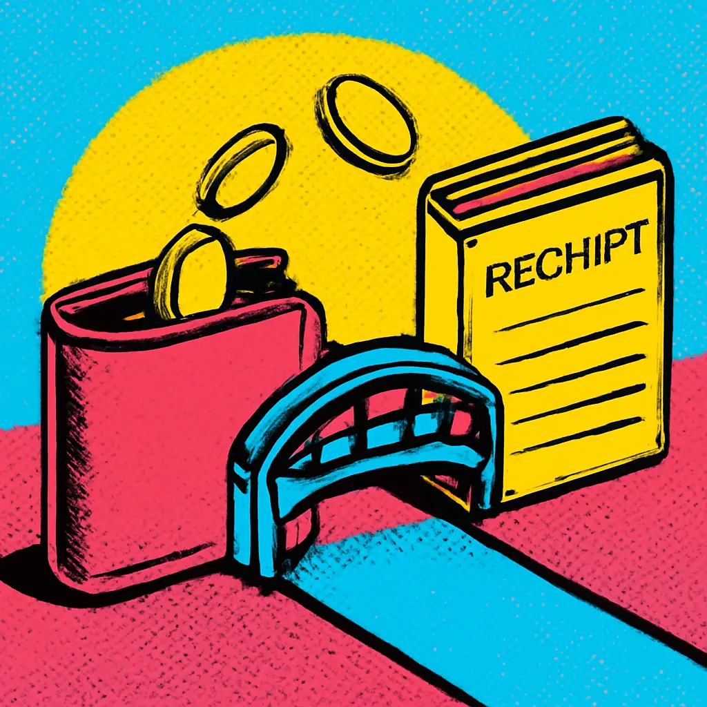 Coins returning to a wallet from a folder of work receipts, representing reimbursement tracking.