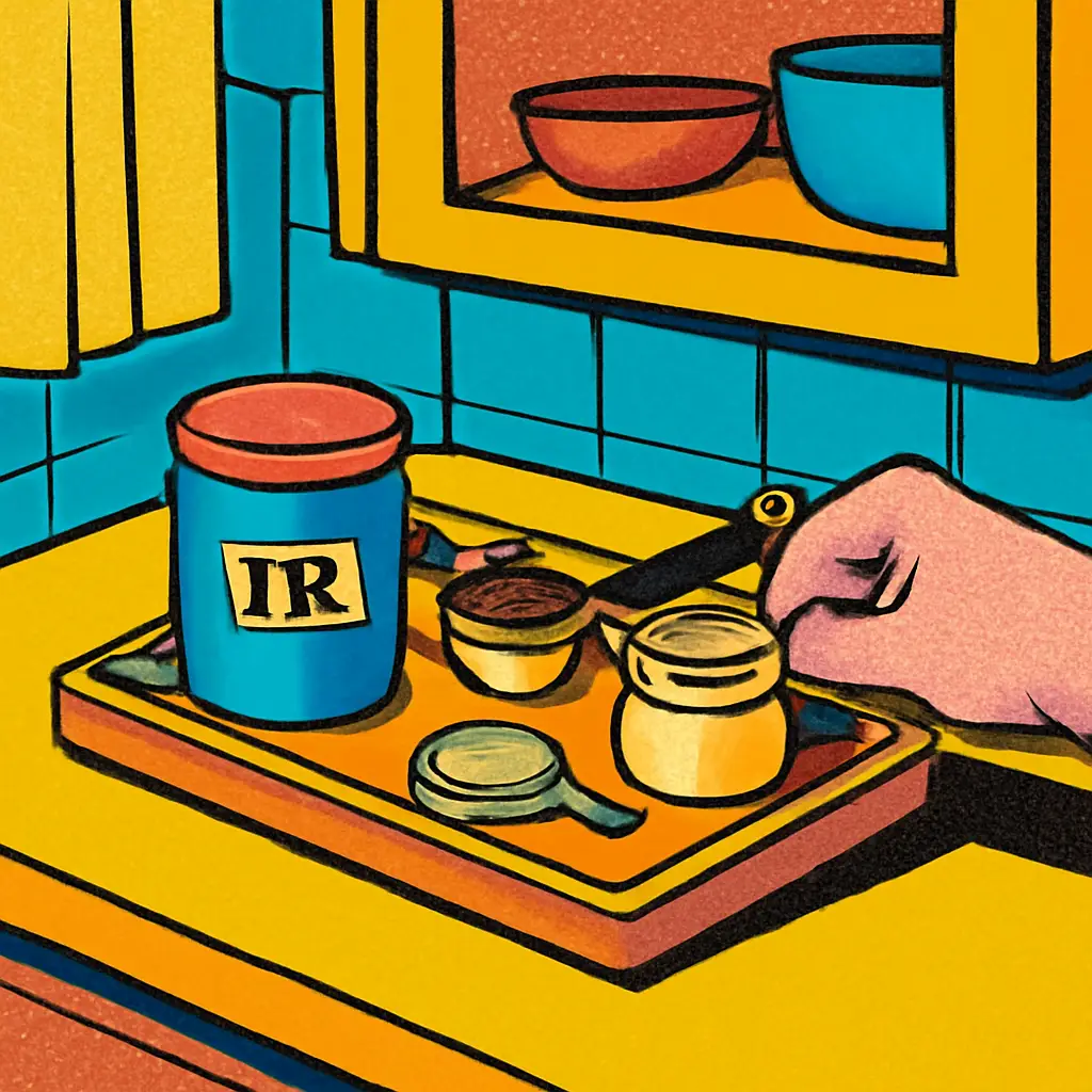 A compact tea and coffee supply tray being put into a kitchen cabinet, leaving the counter clear.