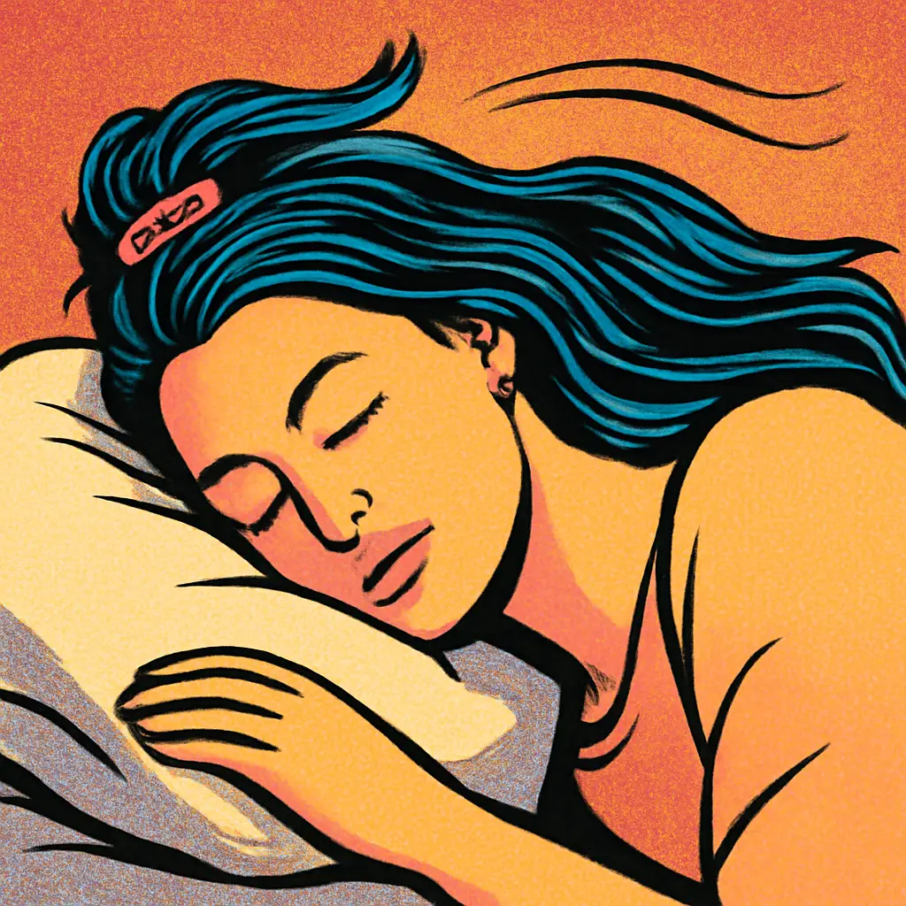 Illustration of a loose high hair gather protecting a smooth blowout during sleep.