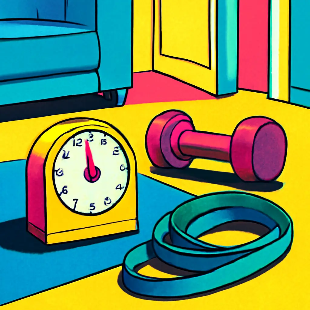 A kitchen timer beside dumbbells and a resistance band, representing a short home strength session.