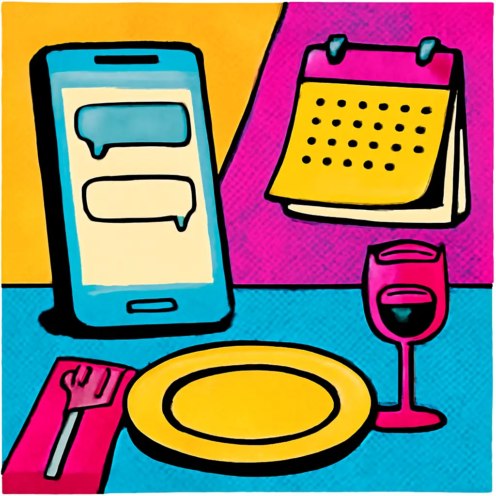 A dinner table and phone beside a calendar, representing clear RSVP deadlines among friends.