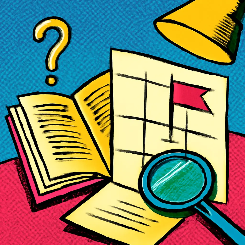 An open book turning into a three-column note map with symbols for claim, evidence, and questions.
