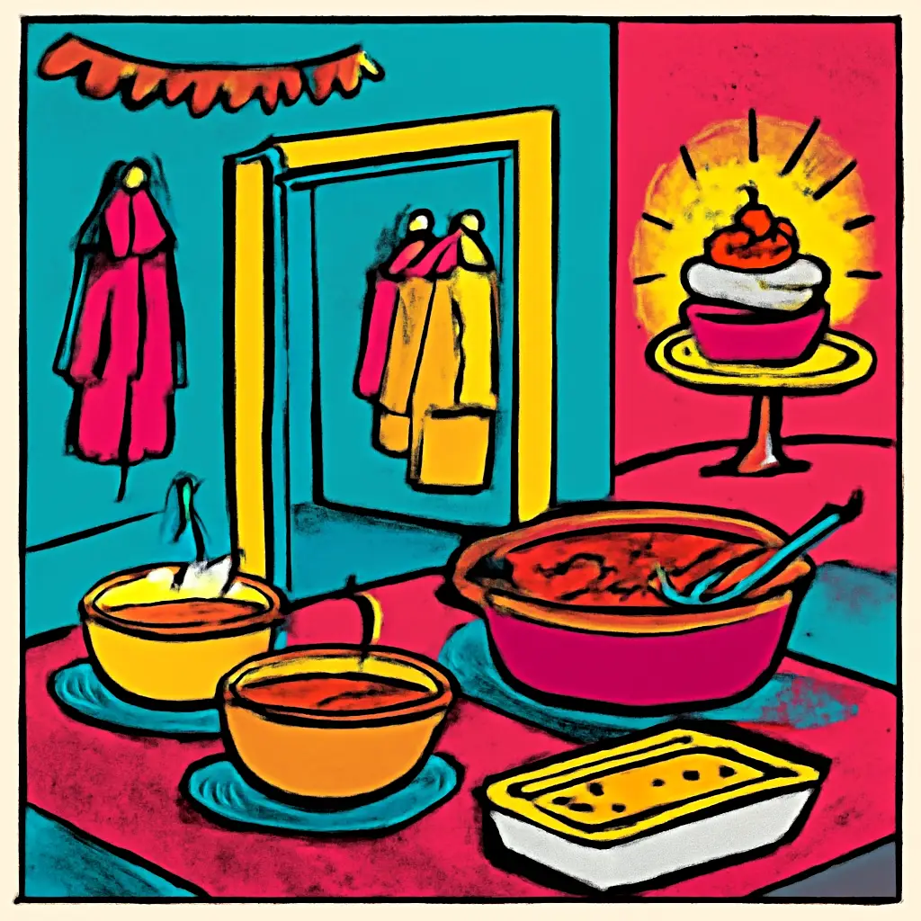 Illustration of a holiday meal arranged to welcome guests arriving at different times.