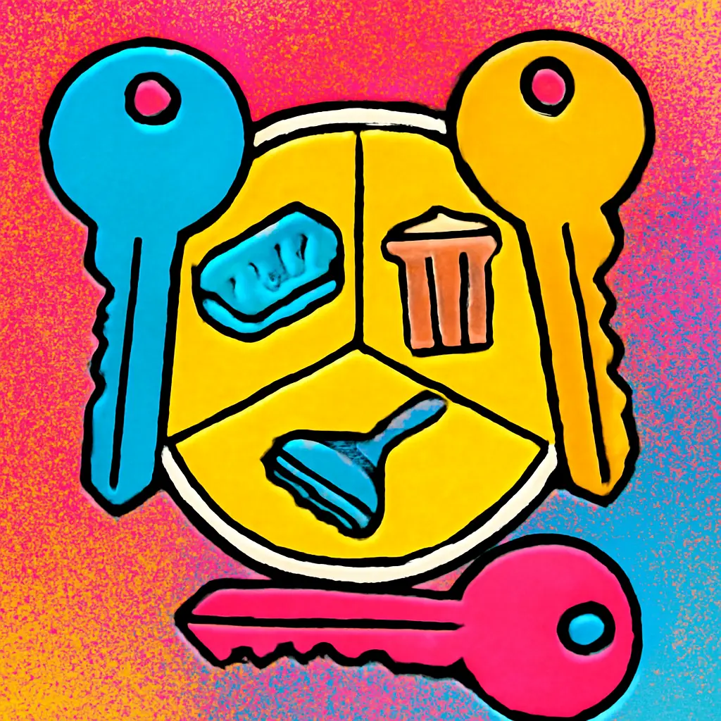 Three house keys and household cleaning symbols arranged around a balanced rotating wheel.