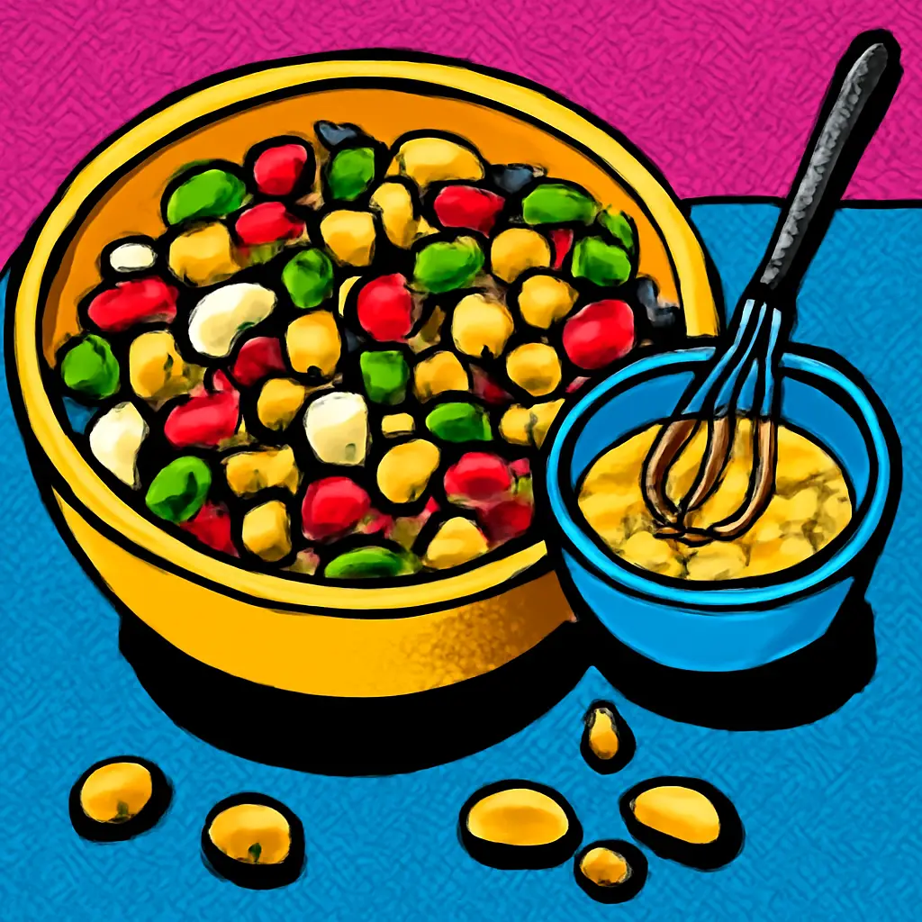 Overhead bowl of bean salad with herbs, crunchy vegetables, lemon, and vinaigrette.