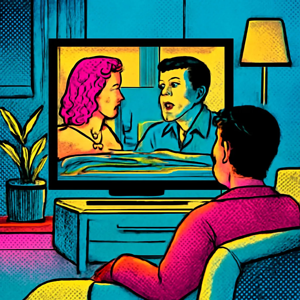 A viewer watches a subtitled movie as soft light ribbons guide attention from the lower screen back to the film's actors.