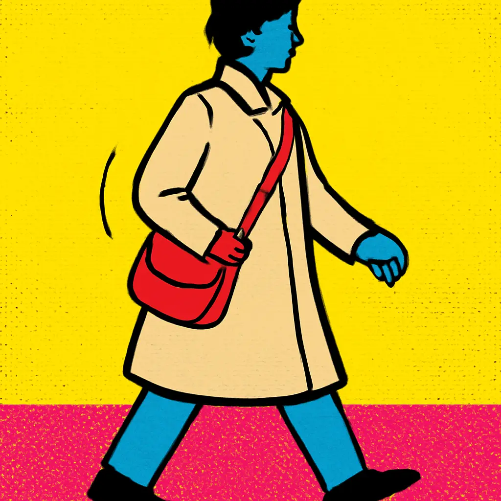 Illustration of a crossbody bag sitting securely at hip level over a long coat.
