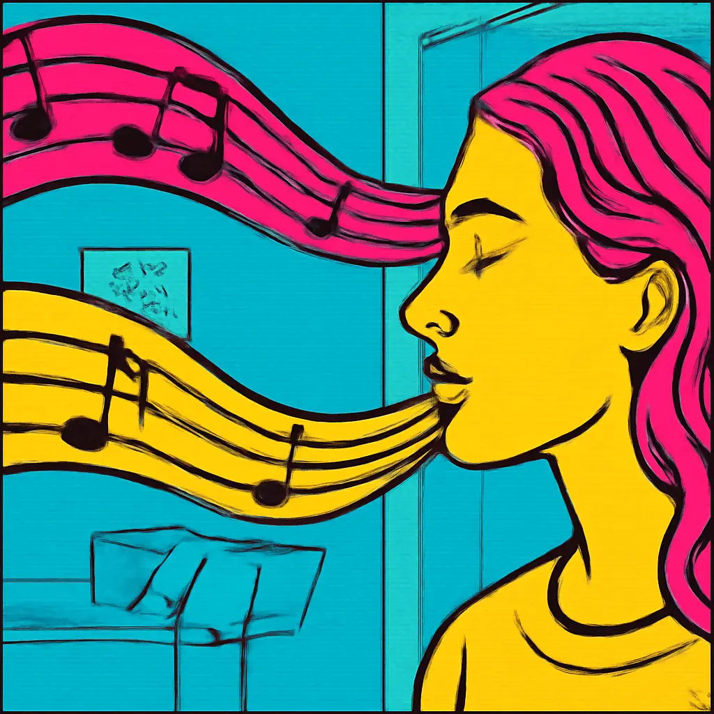 Illustration of a singer following a lower musical line as a melody flows alongside it.