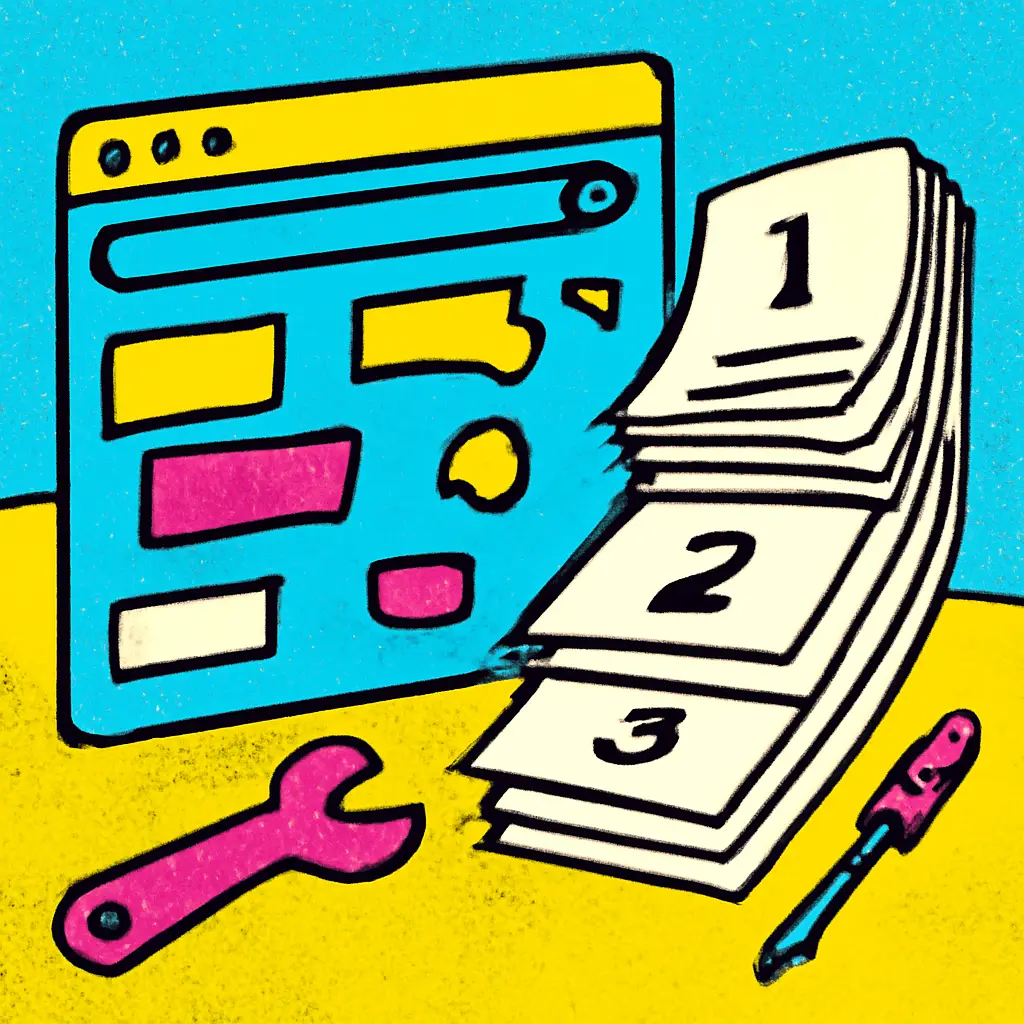 A cluttered browser page transforming into a neat stack of instruction pages beside tools.