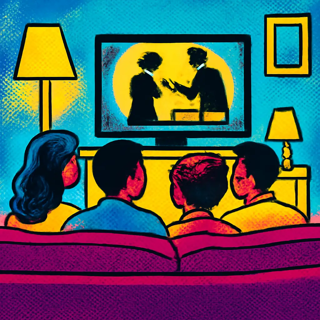 Friends watching a movie together in a living room with caption-like lines visible on the screen.