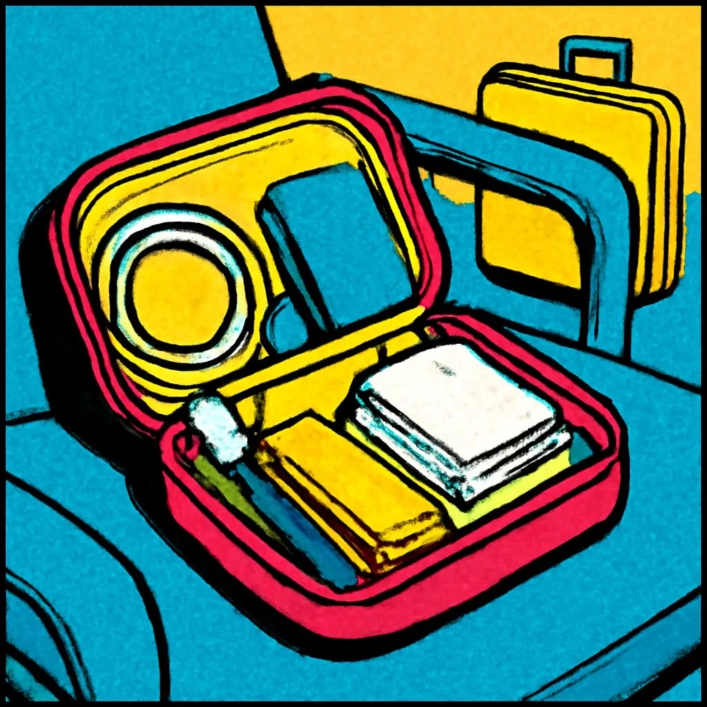 An open travel pouch with arrival-day essentials beside a closed suitcase.