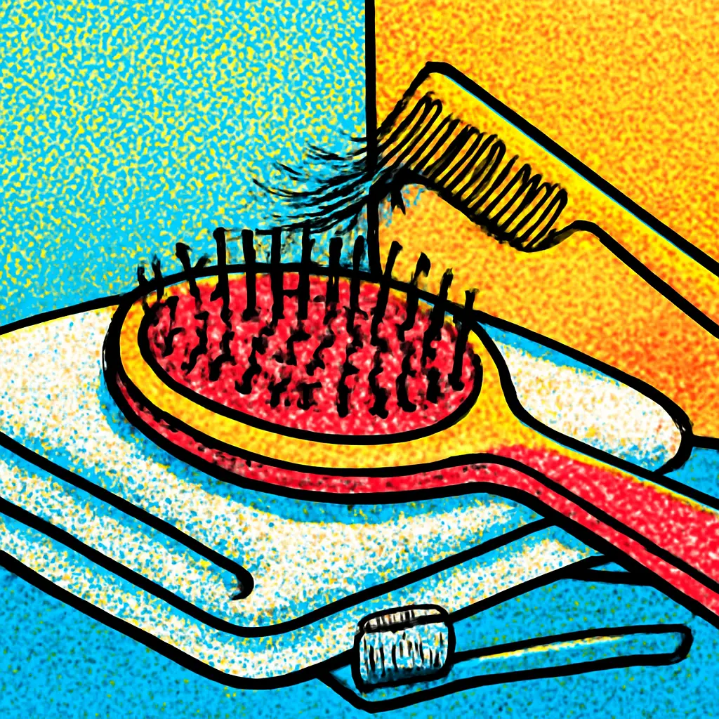 A hairbrush being gently cleaned with a comb and toothbrush on a towel.