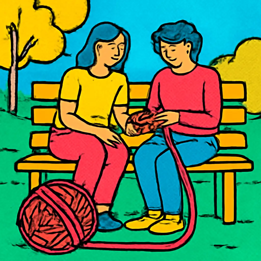 Two friends gently untangling a ball of yarn on a park bench.