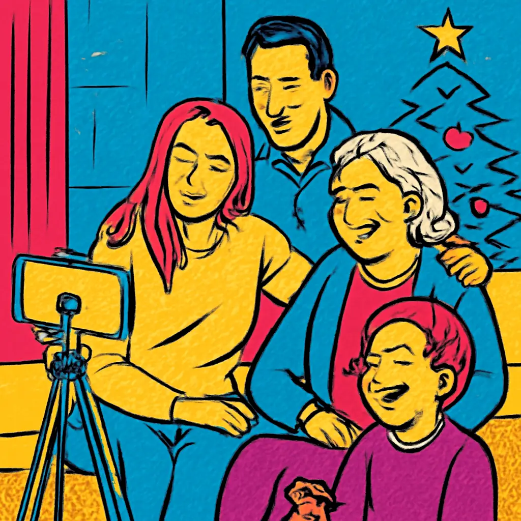 A relaxed multigenerational family gathering for a holiday photo beside a phone on a tripod.