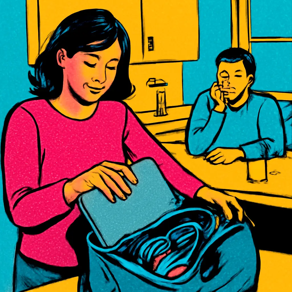 A remote-working guest clears a kitchen table so the host can relax in their home.