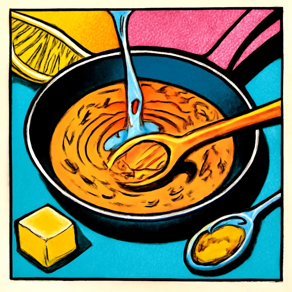 A skillet’s browned bits becoming a glossy pan sauce with water, butter, lemon, and mustard.