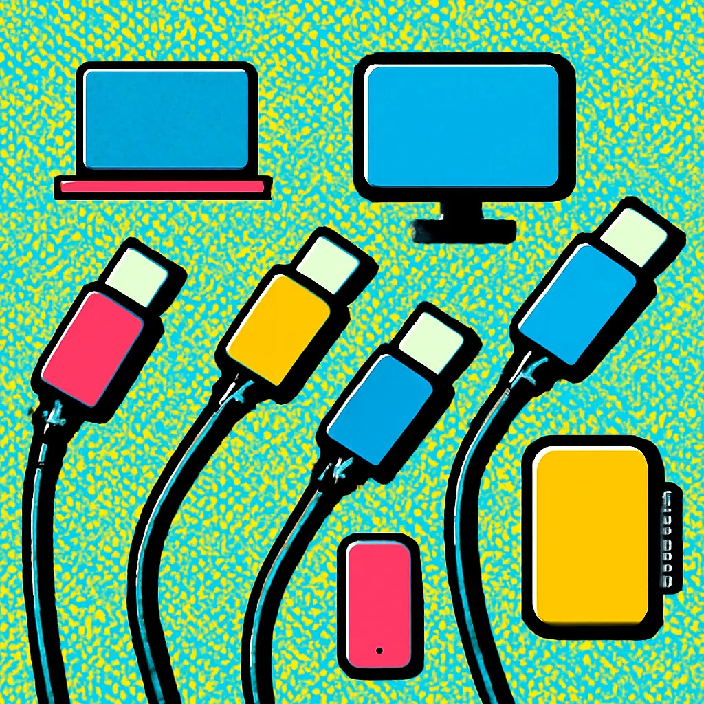 Labeled USB-C cables arranged by their intended jobs near a laptop, monitor, phone, and travel pouch.