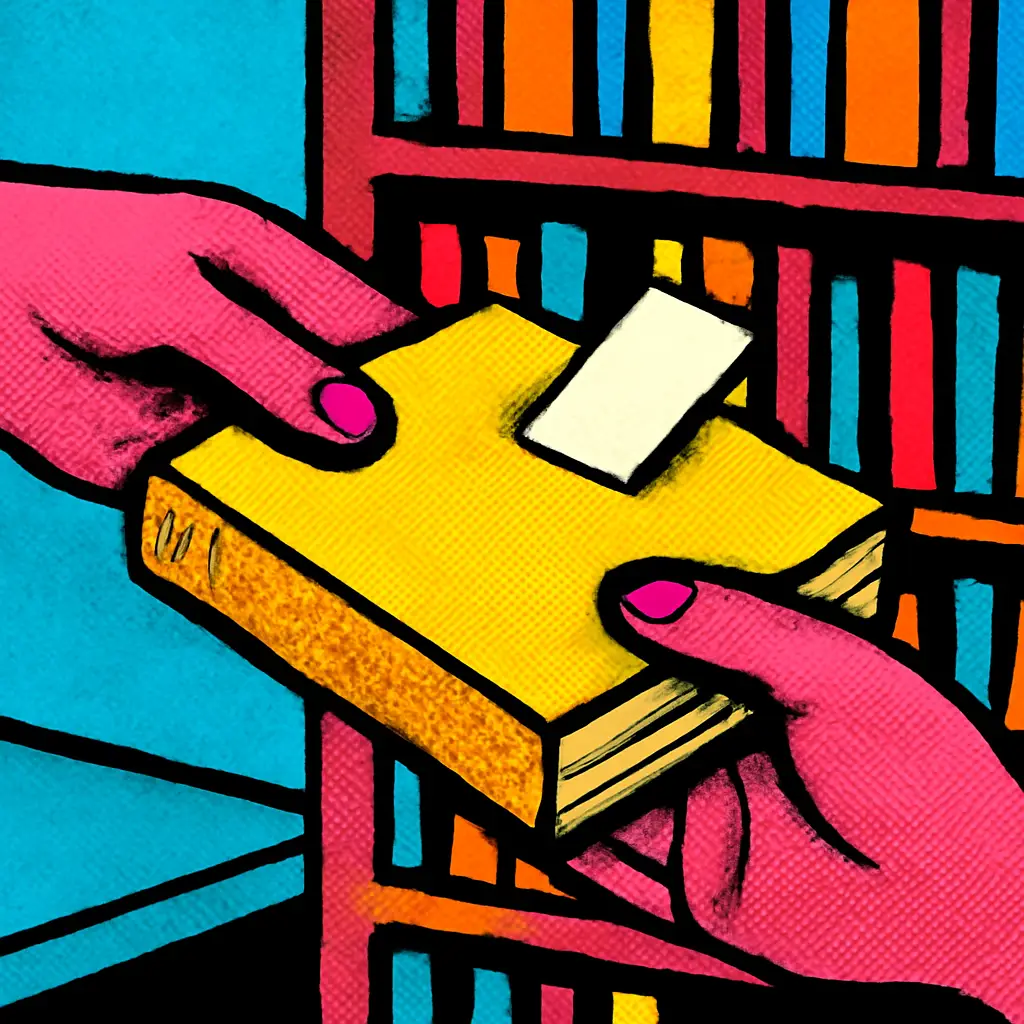 A paperback being lent between two people with a bookmark inside.