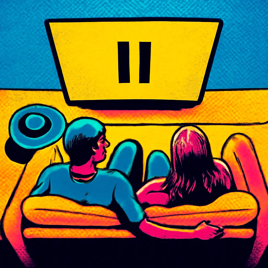 Two people watching a movie together with a phone set aside nearby.