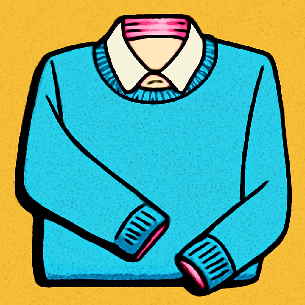 A button-down shirt layered smoothly under a crewneck sweater with neat collar and cuffs.