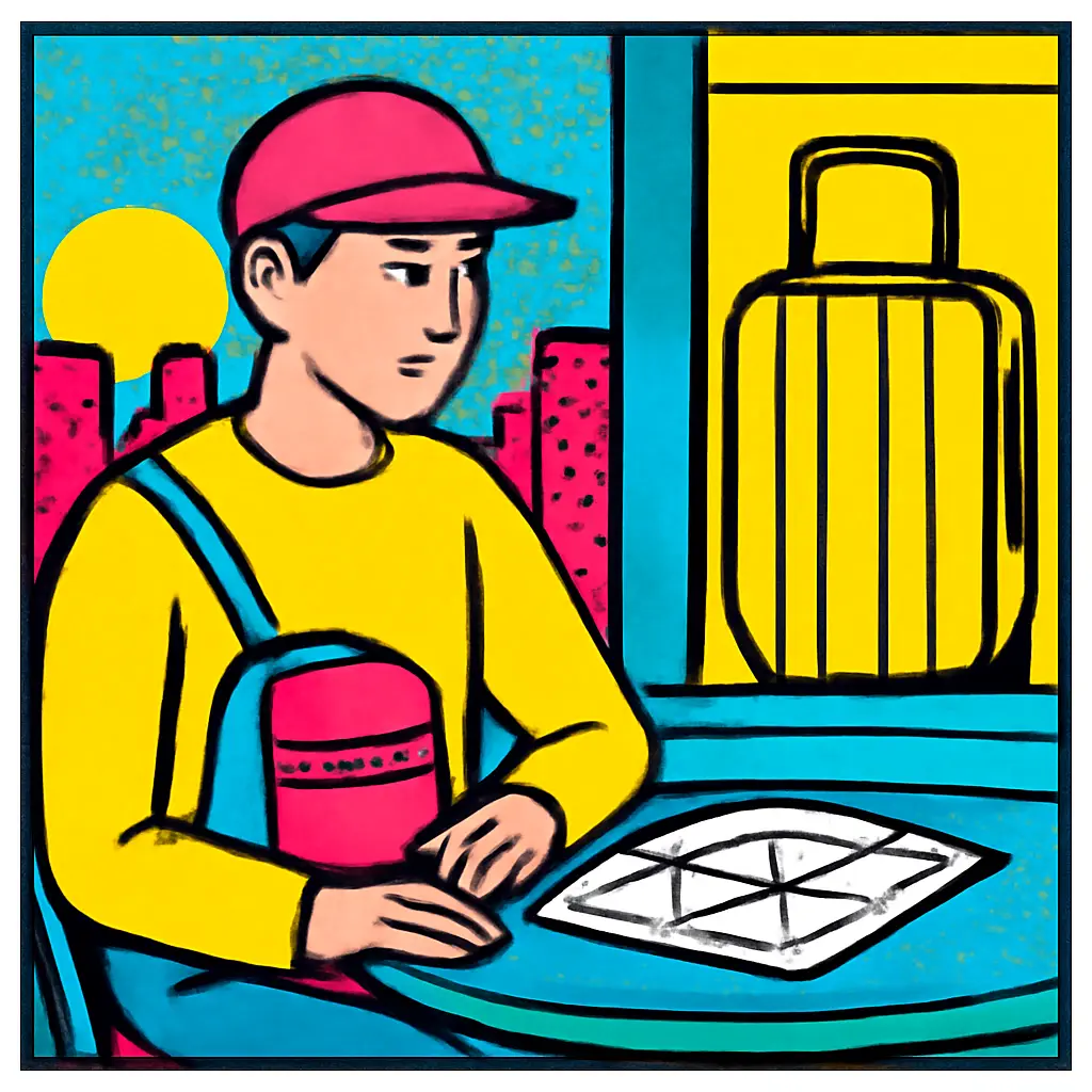 Traveler relaxing with a small bag after storing luggage before hotel check-in.
