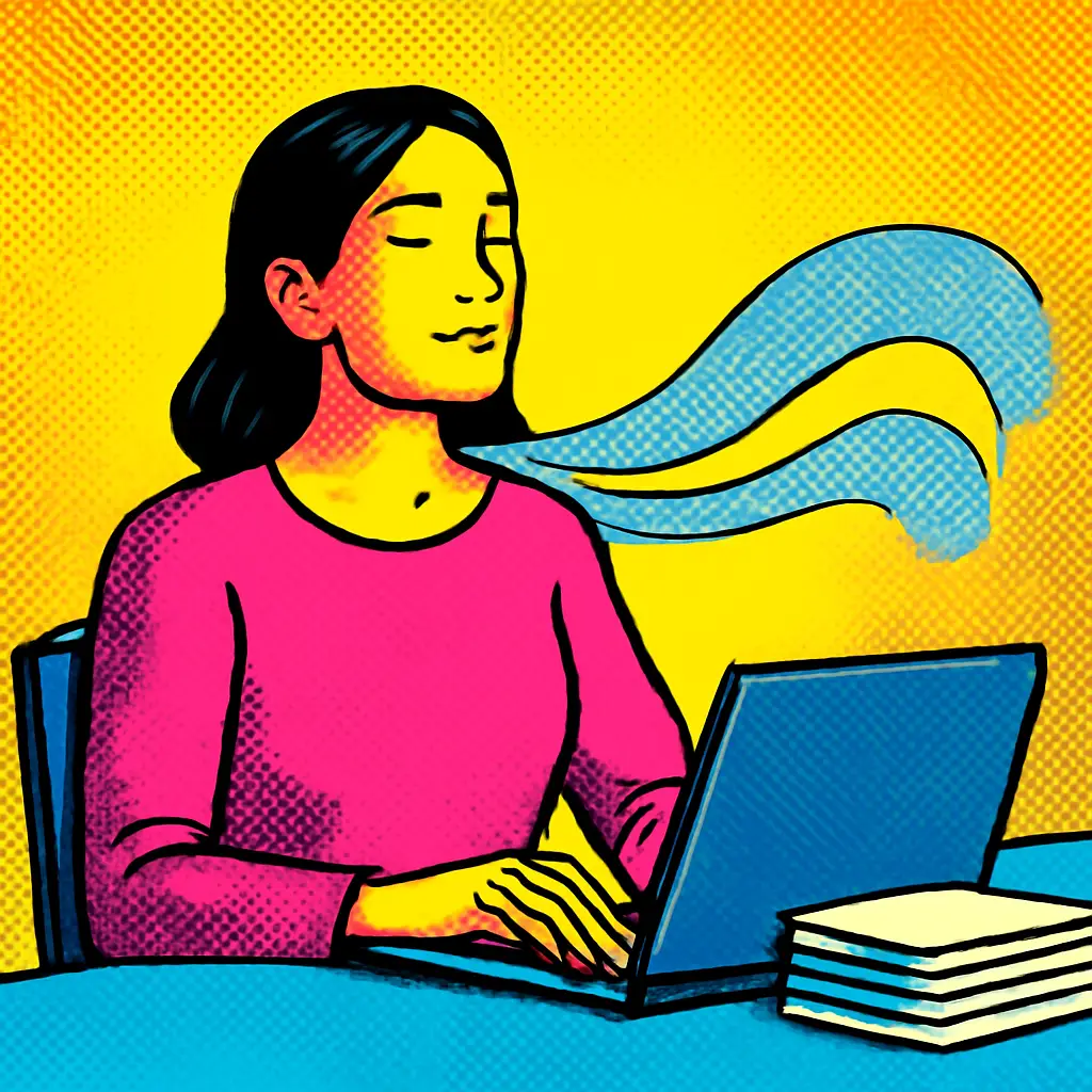 Illustration of a desk worker releasing tension and breathing easily after finishing a task.