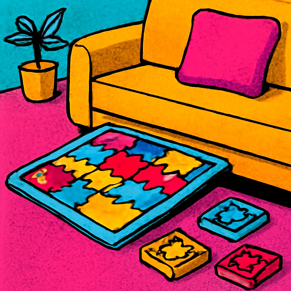 A partially completed jigsaw puzzle on a portable board being stored under a sofa in a small living room.