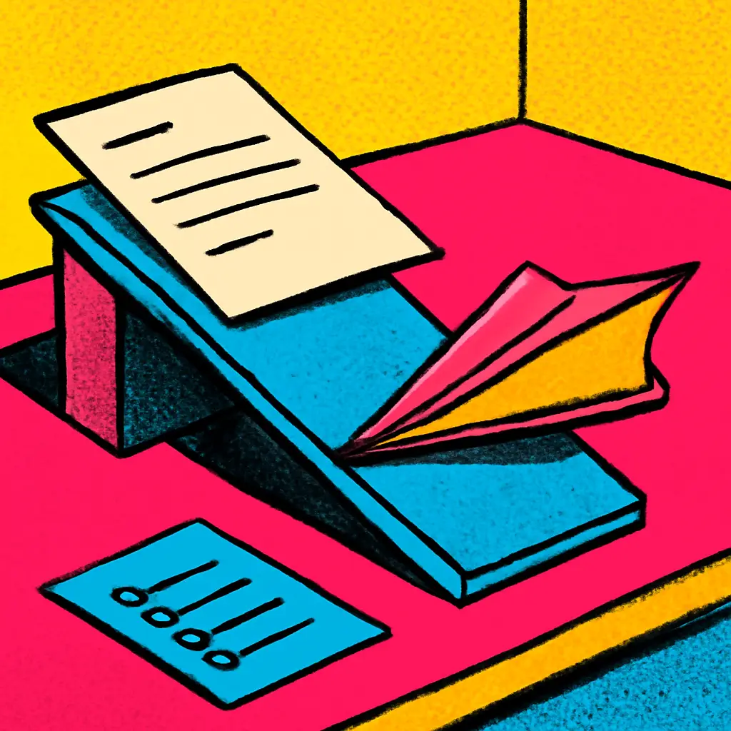 An illustration of a completed letter moving from a desk toward a paper airplane-shaped sending tray beside a small checklist.