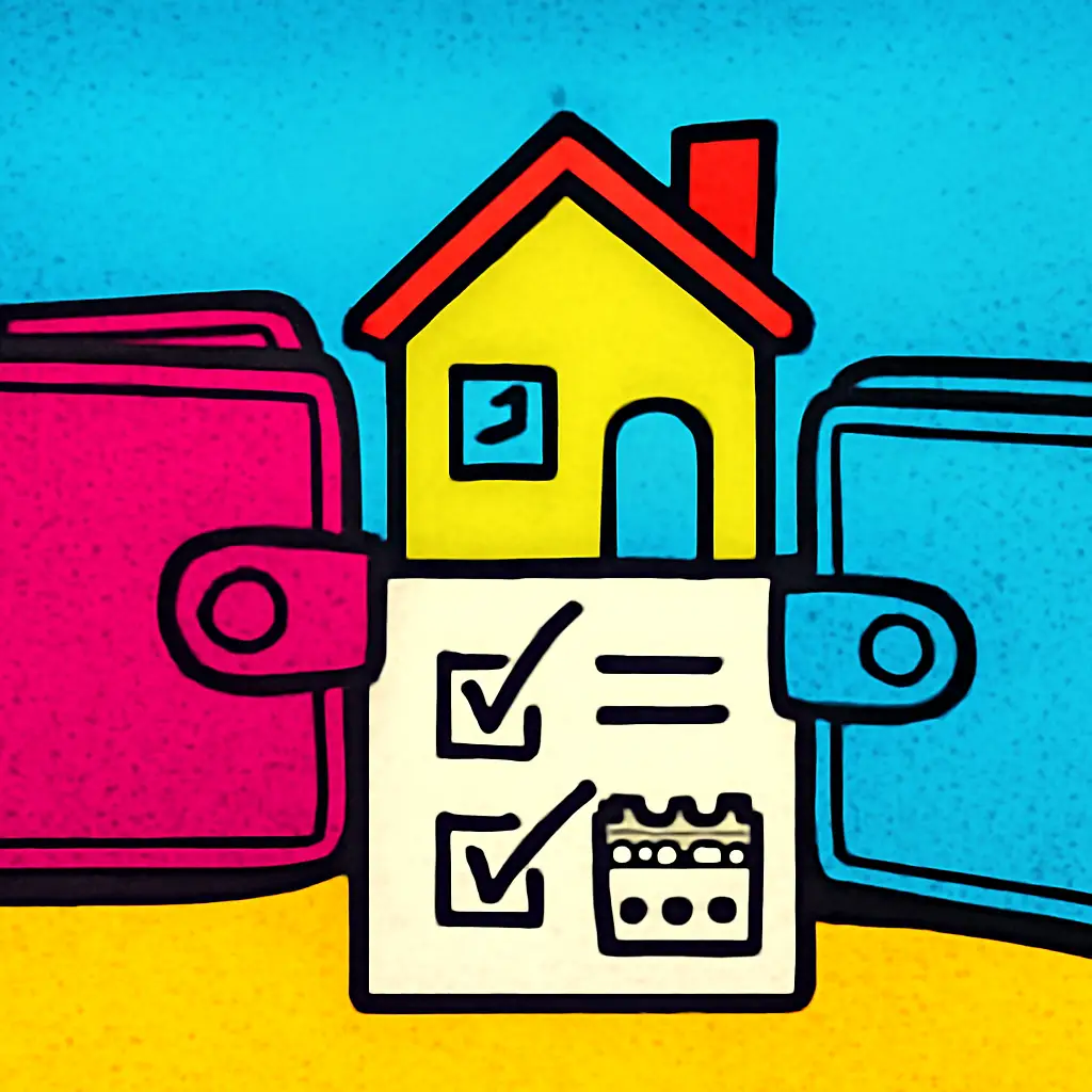 Two separate wallets connected to a house by a shared bill checklist and calendar.