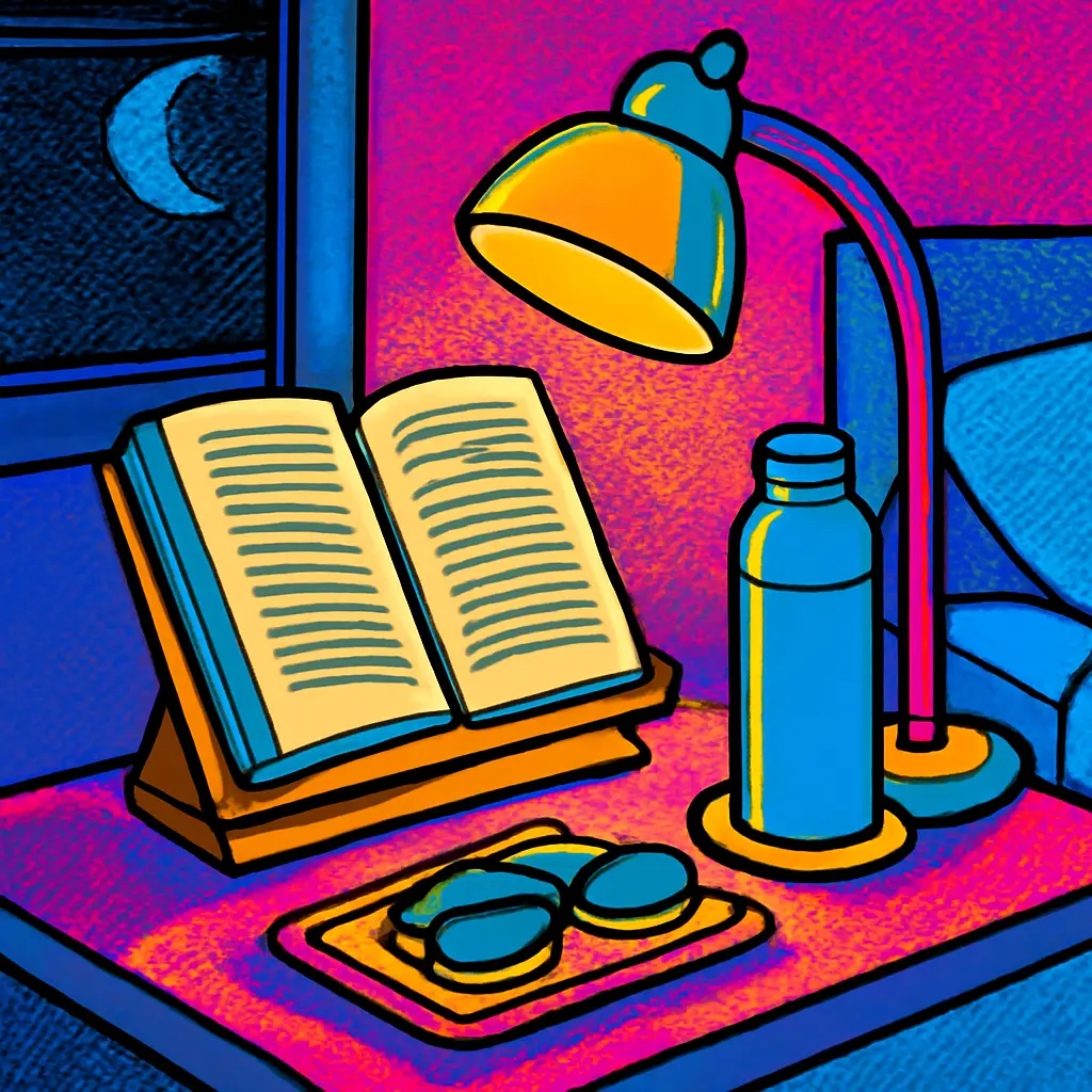 A tidy bedside reading setup with a book, lamp, glasses, bookmark tray, and water bottle.