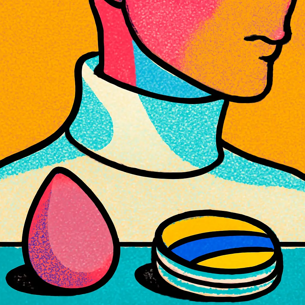 A powder puff and makeup sponge beside a pale shirt collar, illustrating reduced makeup transfer.
