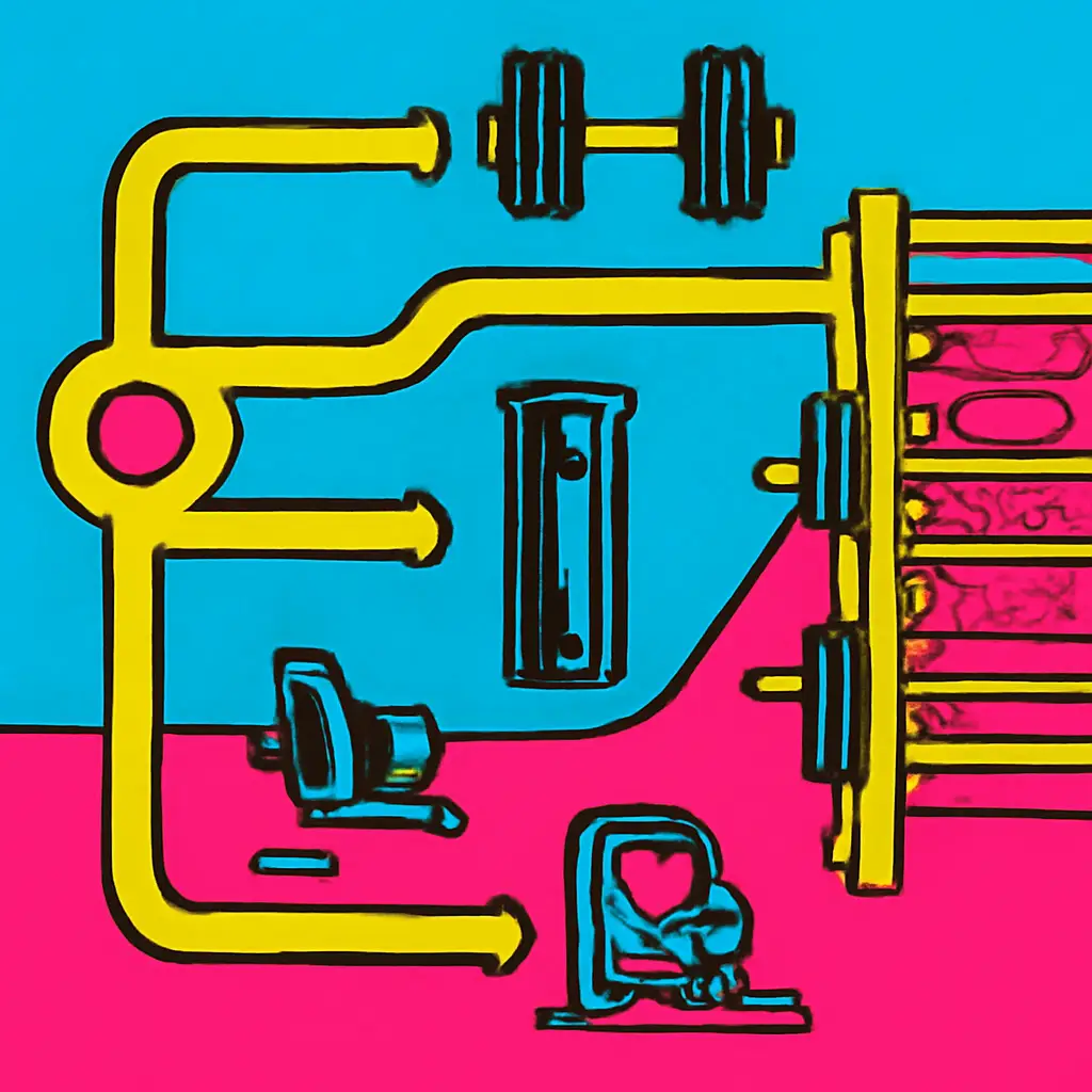 Illustration of a workout plan branching to alternative gym equipment in a crowded gym.