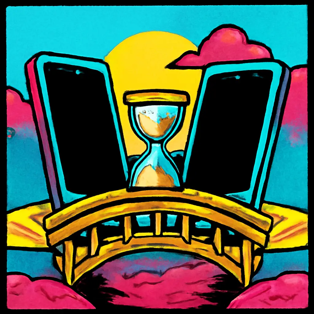 Two phones separated by a small bridge and an hourglass, representing a thoughtful pause in a tense conversation.