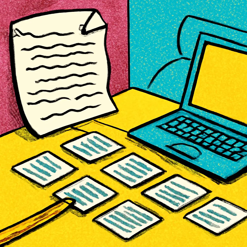 A messy assignment prompt transformed into organized note cards beside an outline.