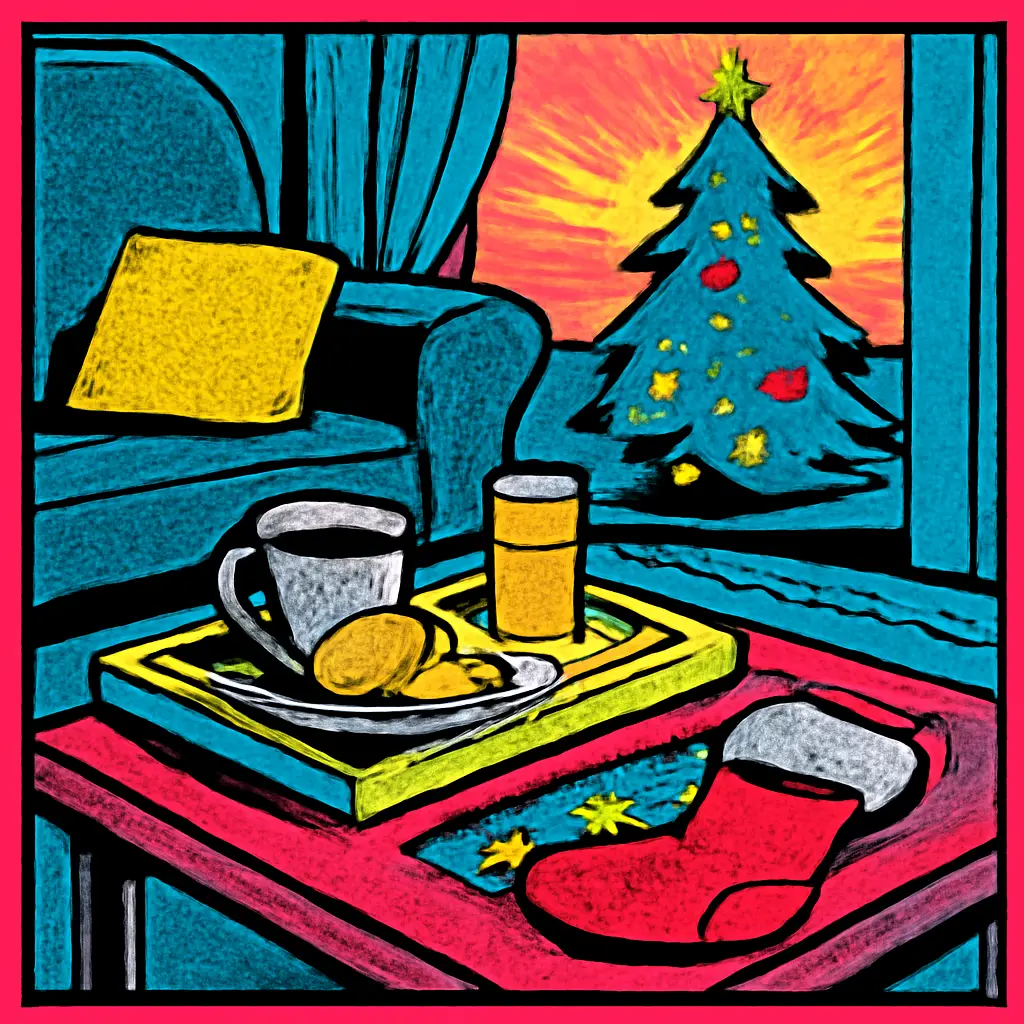 A quiet holiday living room with a breakfast tray, puzzle, stocking, and softly lit tree.