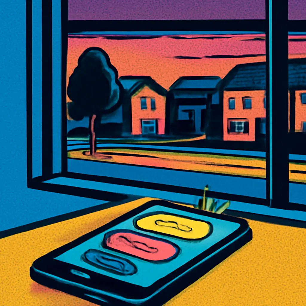 A smartphone’s chaotic chat bubbles becoming orderly neighborhood notices beside a window.