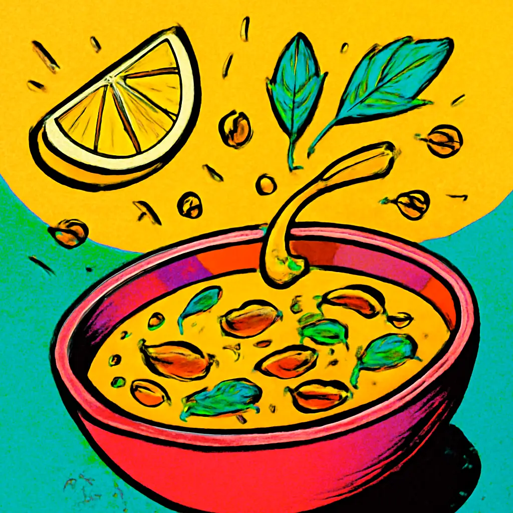 Illustration of a bowl of soup being improved with lemon, herbs, olive oil, and toasted crumbs.