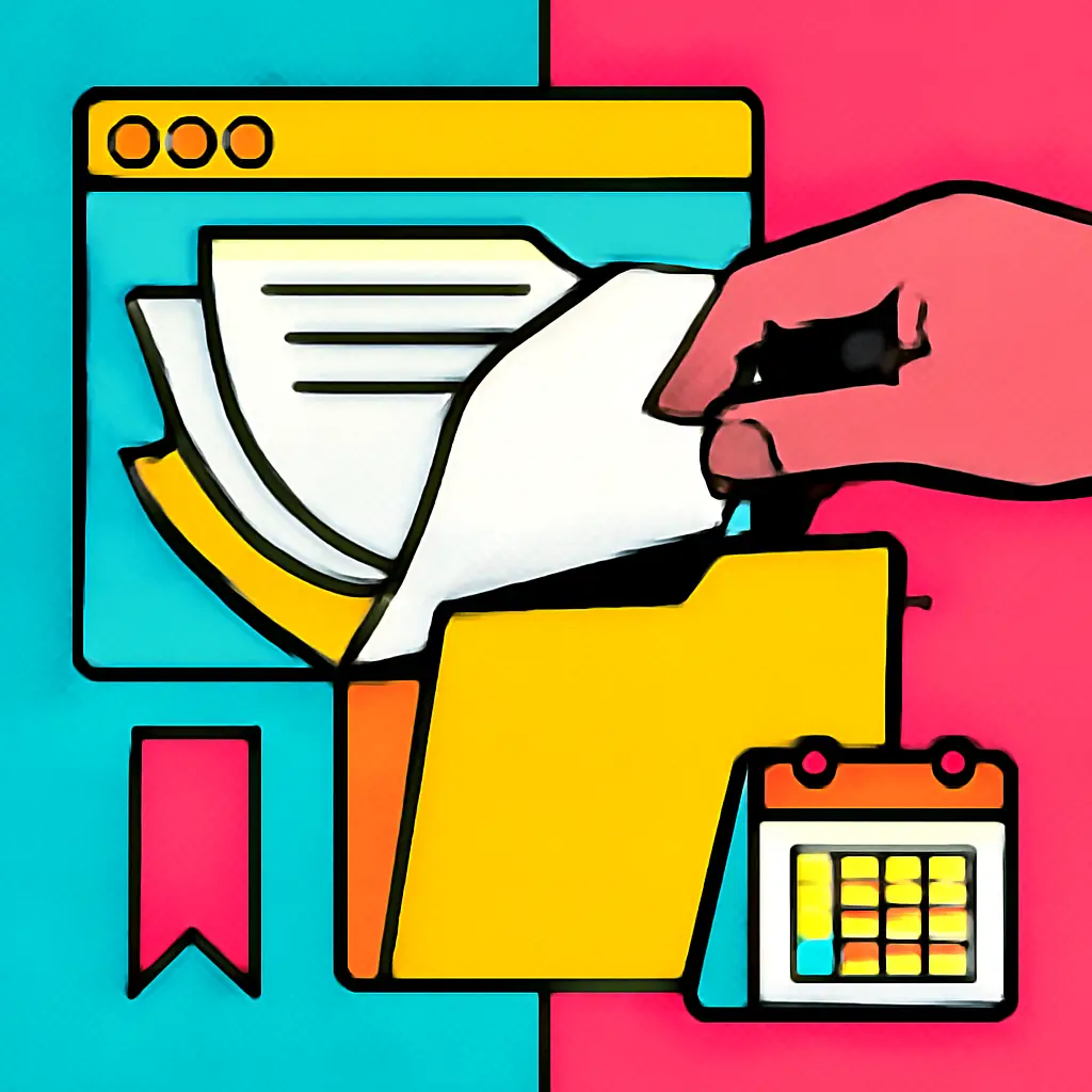 Illustration of a changing web page being saved into a file folder with a bookmark and calendar.