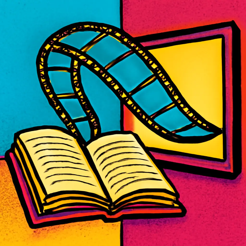 An open book connected to a movie screen by a filmstrip bridge.